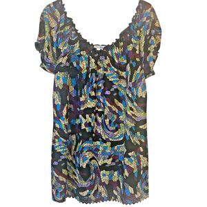 Multicolor Burnout Peasant Blouse Ruffle Neck Lightweight Y2K 2X Black Festival